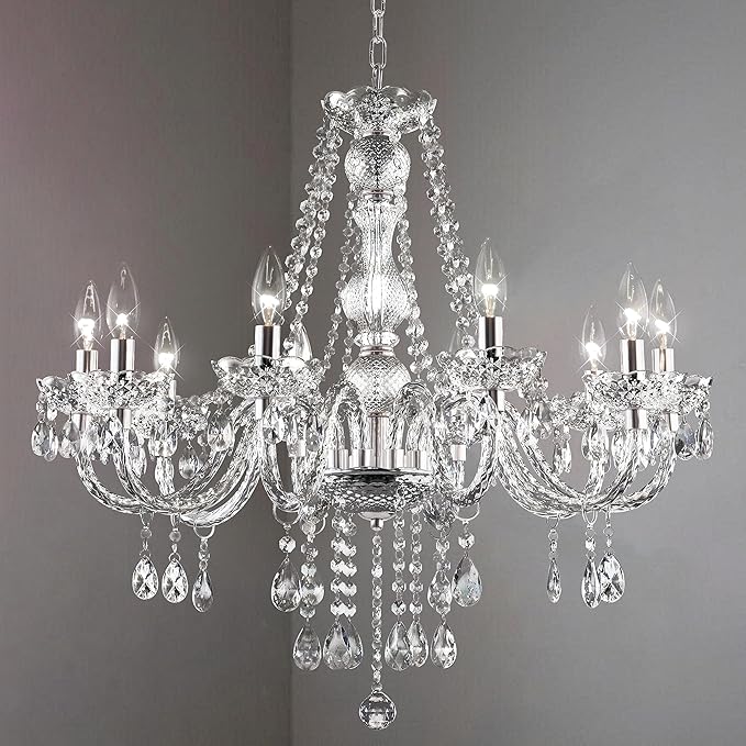 PAPAYA Crystal Chandeliers Clear Chandelier 25 * 27.5in 10-Light Modern Pendant Ceiling Lighting Fixture with Acrylic Crystals & Beads for Girls Room,Living Room,Kitchen Island,Entryway