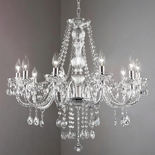 PAPAYA Crystal Chandeliers Clear Chandelier 25 * 27.5in 10-Light Modern Pendant Ceiling Lighting Fixture with Acrylic Crystals & Beads for Girls Room,Living Room,Kitchen Island,Entryway