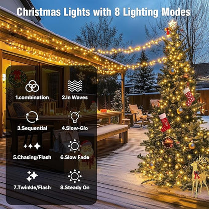 ASENEK Christmas Lights 33FT 100 LED 8 Modes with Timer Connectable Decorative String Lights for Xmas Tree Patio Party Warm White