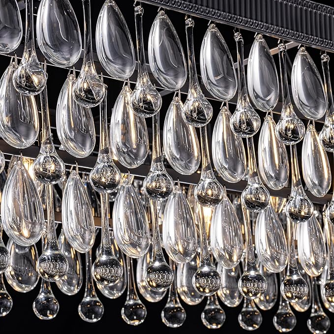 TOCHIC Crystal Dining Room Chandelier Over Table, Black Linear Rectangle Chandeliers, 7 Lights Modern Farmhouse Pool Table Billiard Light Fixture for Kitchen Island, Living Room, Entryway, 38" L