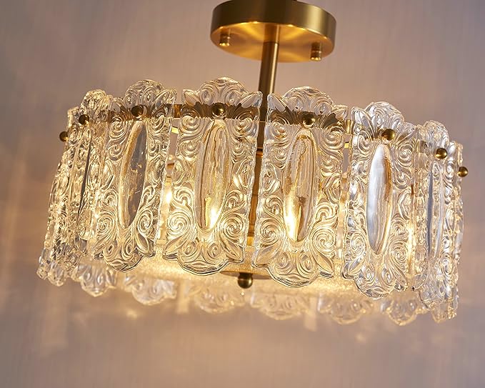 AGV LIGHTING Elegant Glass Chandelier Ceiling Light Fixture, Semi Flush Mount Ceiling Light for Bedroom, Modern Vintage Lighting, D15 x H10, Brass Gold Finish