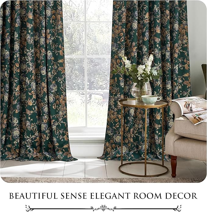 StangH Green Curtains 96 inches Soft Velvet Retro Floral Room Darkening Thermal Insulated Sliding Door Panels Christmas Home Decoration for Backdrops/Bedroom, W52 x L96, 2 Panels