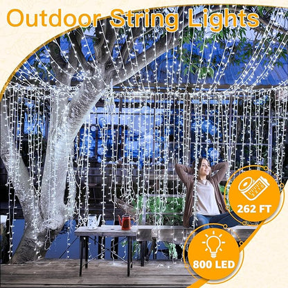 Ollny Christmas Lights Outdoor 800LED 262FT, Cool White Plug in Fairy Light with Remote, 8 Modes Waterproof Timers Dimmable LED String Lights for Indoor House Outside Bedroom Patio Balcony