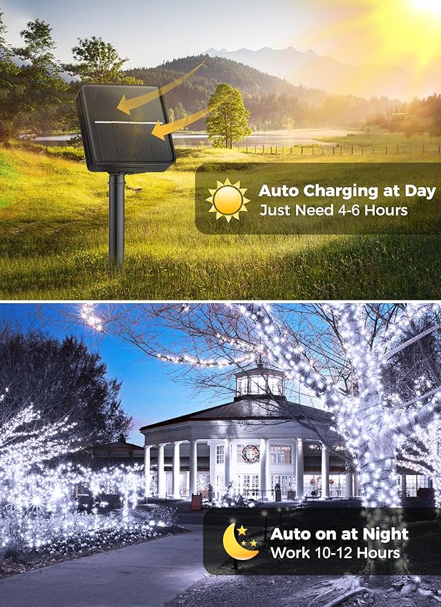 Minetom Solar String Lights Outdoor - 40FT 100 LED String Lights Solar Powered with 8 Lighting Modes, Waterproof Patio Lights, Outdoor Solar Lights for Outside Tree Garden Balcony Gazebo, Pure White