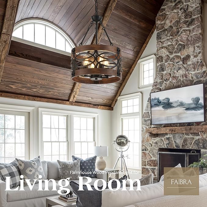 4-Light Farmhouse Drum Wood Pendant Light 13.8'' Vintage Rustic Brown Oak Wood Chandeliers,Retro Industrial Hanging Light Fixtures for Dining Room Entryway, Bedroom