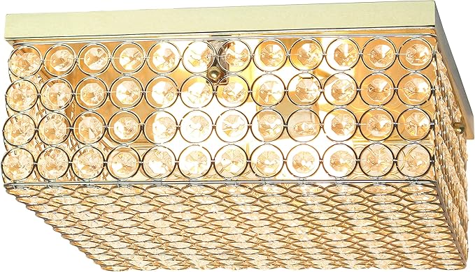 Elegant Designs FM1004-GLD Elipse Crystal 12 Inch Modern Metal 2 Light Squared Ceiling Flush Mount Fixture, Gold