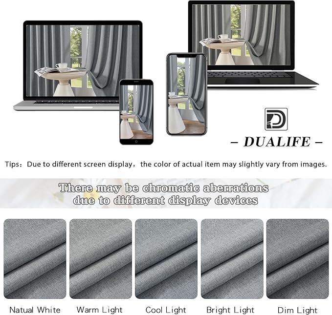 DUALIFE Linen Blackout Curtains 63 Inches Long, Back Tab Rod Pocket Hook Belt Sun Heat and Full Light Blocking Curtain Panels for Bedroom Living Room, 2 Panels, Dark Grey, W50 x L63