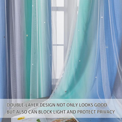 XiDi Blue Green Grey Blackout Curtains for Girls Bedroom 54 Inch Length 2 Panels Rainbow Kids Grommet Window Drapes for Nursery Living Room Decro Princess Unicorn Wall Decals 34 Inches Wide