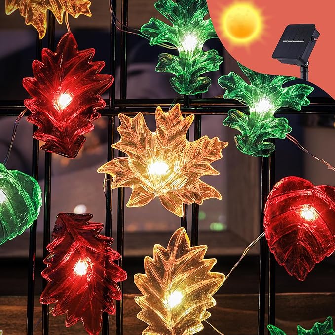 Solar String Lights Fall Forest Leaf Lights Outdoor Garden Tree Décor Thanksgiving Decorative lights Autumn Light up Maple Oak Leaves Decorations Harvest Garland 14ft 40LED Balcony Pathway Bush Decor