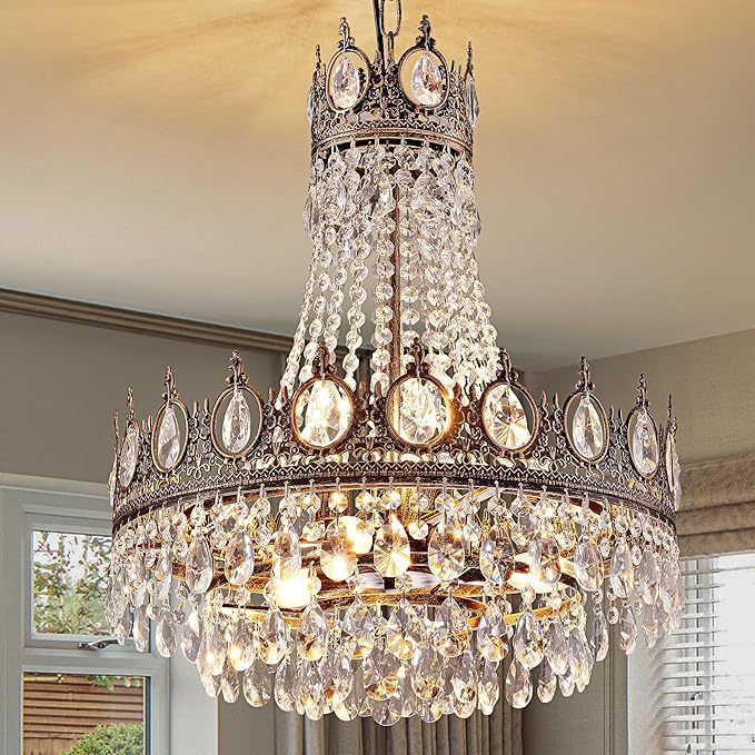TOCHIC French Empire Crystal Chandelier 6-Light Farmhouse Antique Bronze Chandelier Vintage Rustic Ceiling Light Fixture for Dining Living Room, Bedroom, Kitchen Island, Bathroom, Foyer, 19" W