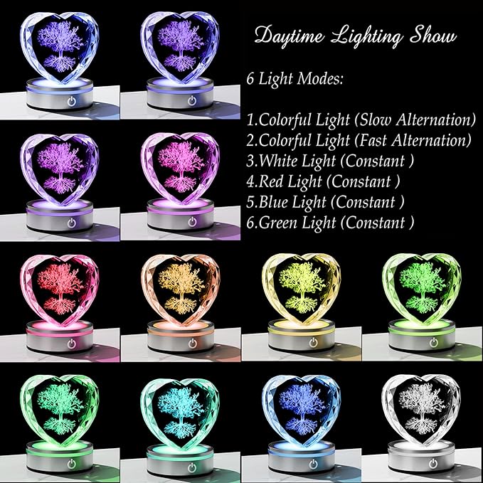 Qianwei Tree of Life Gifts for Women 3D Crystal Heart - Laser Tree of Life Decor Glass Animals Gifts Figurines Statue Stuff for Room Decorations Night Light