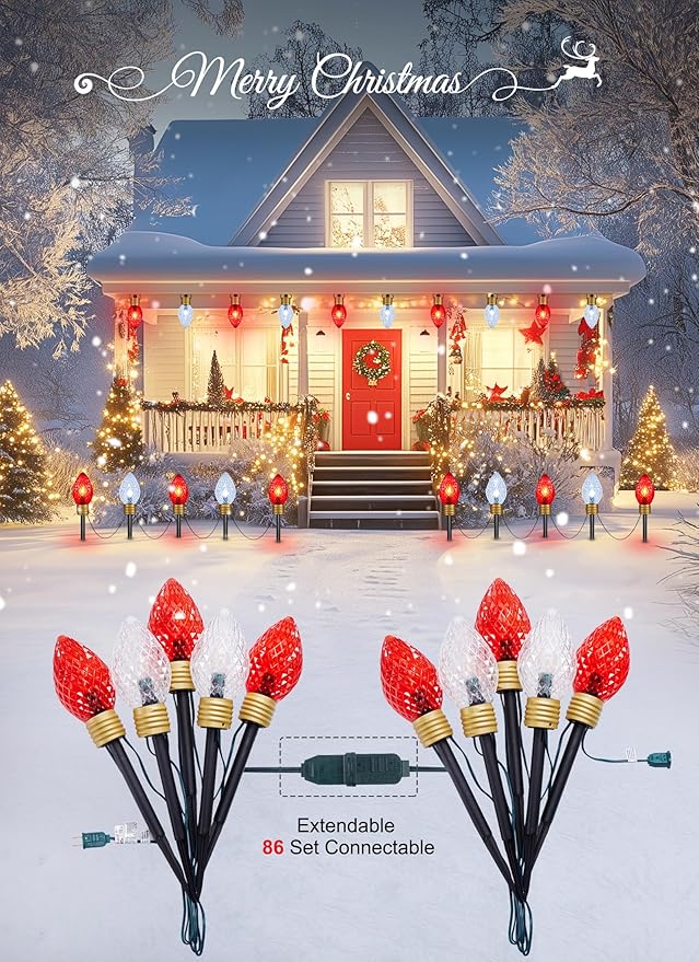 Strawberry Jumbo C9 Christmas Pathway Lights Outdoor - 8.5FT 5 LED C9 Walkway Light, Christma Decoration Outside, Christmas Lights Outdoor for Lawn Holiday Yard, Red & Pure White