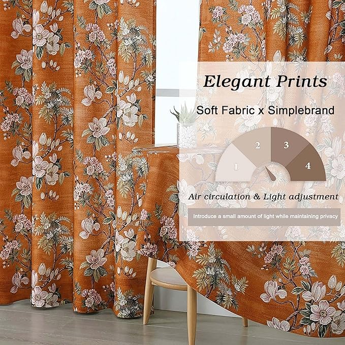 Simplebrand Orange Floral Curtains 63 Inch Length 2 Panels, Faux Linen Textured Semi Light Filtering Farmhouse Curtains & Drapes, Soft Airy Slub Window Curtains for Living Room Bedroom, Each 40"Wx63"L