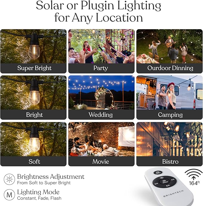 Brightech Ambience Hybrid Outdoor String Lights - Dual Plug and Solar Powered Waterproof LED Light String for Outside - Dimmable Color Changing Edison Bulbs for Camping, Patio, Cafe, Yard - 104ft, 7W