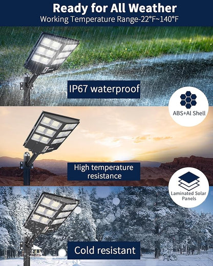 Ofuray Solar Street Lights Outdoor,Solar Security Flood Lights Parking Lot Lights Commercial Dusk to Dawn, 6500k Waterproof Led with Remote Control Motion for Street,Court,Barn (Of-800W 80000Lm)