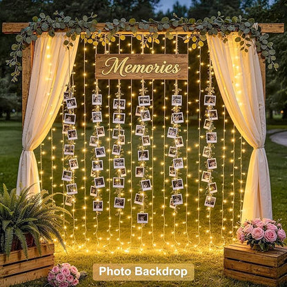 JMEXSUSS 300 LED Remote Control Curtain Lights, Plug in Fairy Curtain Lights Outdoor, Window Wall Hanging String Lights for Bedroom Indoor Dorm Backdrop Wedding Party Patio Christmas Decor, Warm White