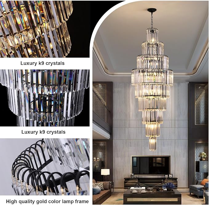 Modern Black Crystal Staircase Chandelier 9-Tier Large Foyer Chandelier for High Ceiling, Long Entryway Chandeliers Adjustable Chain for Entrance Hall Living Room Dia 23.7" x H 69" 20 Lights