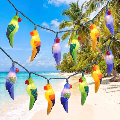 8.5Ft Parrot Outdoor String Lights, LED Tropical Themed Patio Lights with 10 Multicolor Birds Lights, Plug in Hanging Fairy String Lights for Backyard Summer Camp Window Decor Gift