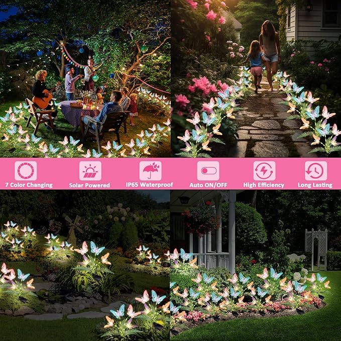 Weepong Solar Lights Outdoor Decorations Waterproof Newest Solar Garden Lights with Glowing Stems, 7-Color Changing Butterfly Flower Light for Outside Yard Pathway Garden Decor, Gift for Mother,2Pack