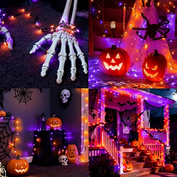 Joiedomi 16.3FT Orange&Purple Halloween Lights,2×50 Count Battery Operated Christmas String Tree Fairy LED Lights with 8 Modes,Multifunction Green Wire with Timer for Xmas Decor Party Holiday