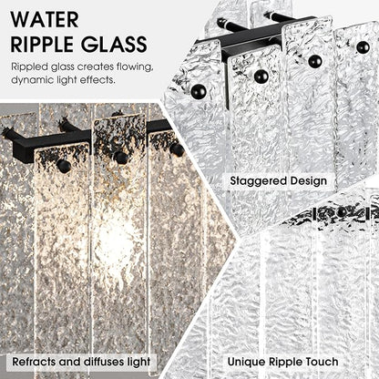 Modern Black Rectangle Chandelier, 48" Dining Room Chandelier with Water Ripple Glass, Staggered Design, Linear Crystal Chandeliers for Dining Room, Living Room, Kitchen Island