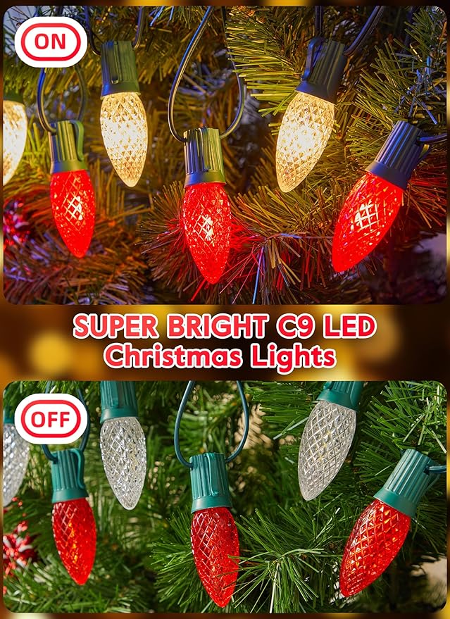 100 Feet Led Christmas Lights, Red and Warm White C9 Christmas String Lights Outdoor, 100 Strawberry Bulbs Connectable UL Certified for Indoor Outdoor Roofline Patio Holiday Party Backyard Decor