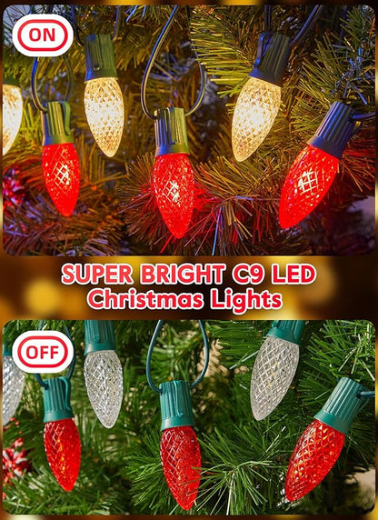 100 Feet Led Christmas Lights, Red and Warm White C9 Christmas String Lights Outdoor, 100 Strawberry Bulbs Connectable UL Certified for Indoor Outdoor Roofline Patio Holiday Party Backyard Decor