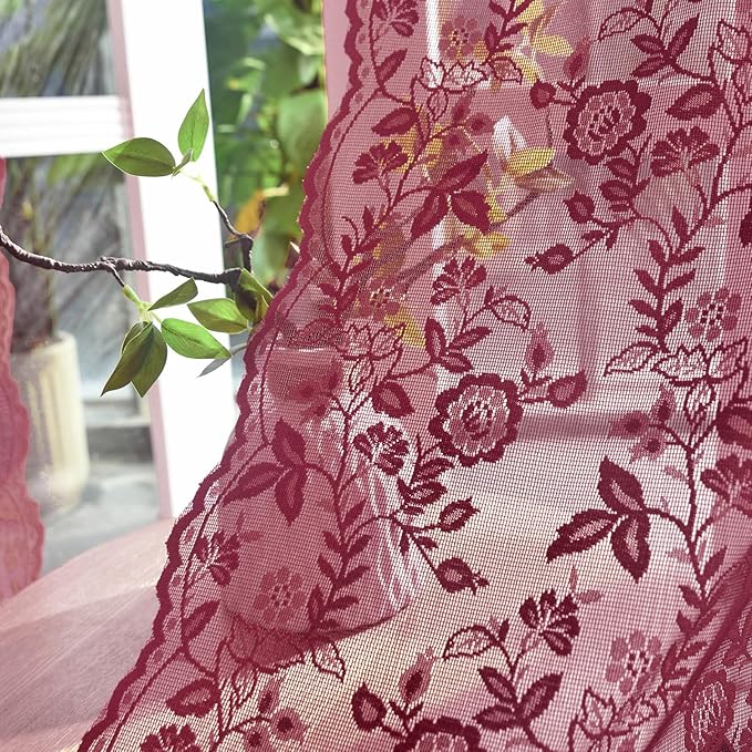 FINECITY Burgundy Sheer Curtains 63 Inch Length - 2 Panels Rustic Leaf Floral Patterned Red Wine Lace Curtains for Bedroom, Rod Pocket Privacy Light Filtering Merlot Sheer Window Drapes, 52 x 63 Inch