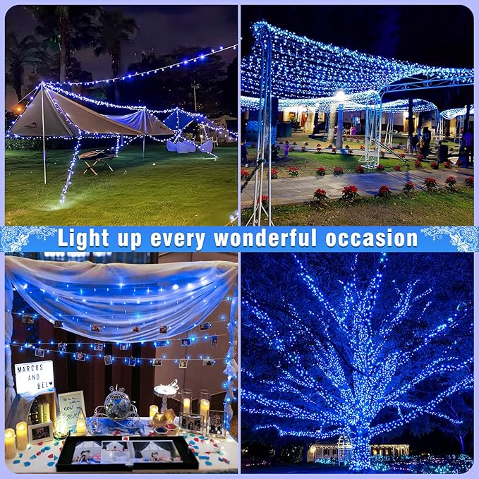 66FT 200 LED Outdoor String Lights, Plug in Christmas Lights Indoor Waterproof, 8 Modes Connectable Twinkle Fairy Lights Clear Wire for Home Garden Patio Wedding Party Decorations, Blue