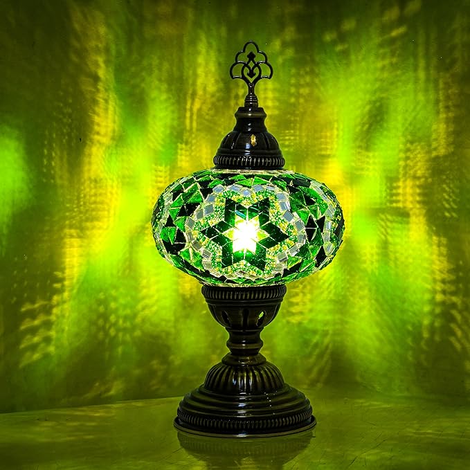 Turkish Lamp, Mosaic Table Lamp, Antique Moroccan Decorative Glass Bohemian Vintage Lamp Shade, Small Desk Tiffany Bedside Stained Glass Lamp with US Plug and E12 Socket