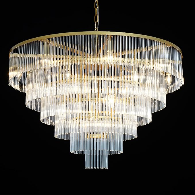 Modern Multi-Tier Crystal Chandelier 6-Tier Round Gold Finish Ceiling Light -Cylindrical Glass Rods -Dining Room Living Room Bedroom Entryway -Luxury Lighting Fixture 35.5''