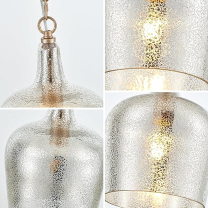 10” Large Silver Plated Hammered Glass Pendant Light Industrial Dome Modern Pendant Lighting Fixtures for Kitchen Island Dining Room Hallway, UL Listed