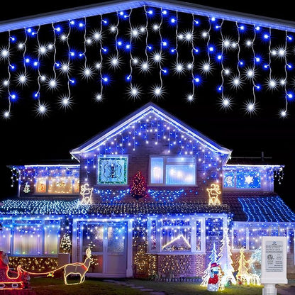 Joomer Christmas Icicle Lights - 19FT Outdoor String Lights Waterproof, 8 Modes Timer Connectable Plug-in String Light for Christmas Party, Eaves, Roofs, Xmas Decorations (White+Blue)