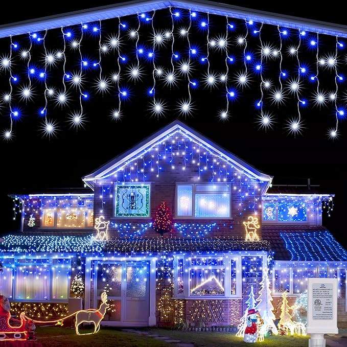Joomer Christmas Icicle Lights - 66FT String Lights Outdoor Waterproof, 8 Modes Timer Connectable Plug-in String Light for Eaves, Roofs, Christmas Decorations (White+Blue, Non-Connectable)