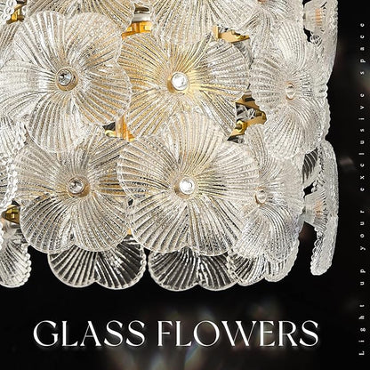 3-Lights Flower Glass Pendant Light for Kitchen Island Modern Gold Linear Chandelier Adjustable Ceiling Pendant Lighting for Bar Dining Room Living Room