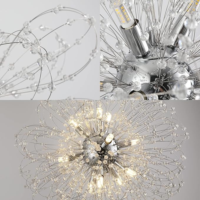 Modern Firework Chandelier, 12-Light Sputnik Chandelier Chrome Pendant Lighting for Dining Room, Dandelion Crystal Chandelier Ceiling Light Fixture for Living Room, Bedroom