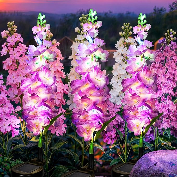 GIGALUMI Solar Lights Outdoor for Garden Decor, 3 Pack Solar Flower Lights Waterproof, 2 Lighting Modes Delphinium for Pathway,Yard, Patio Decoration, Gardening Gifts for Women (Purple)