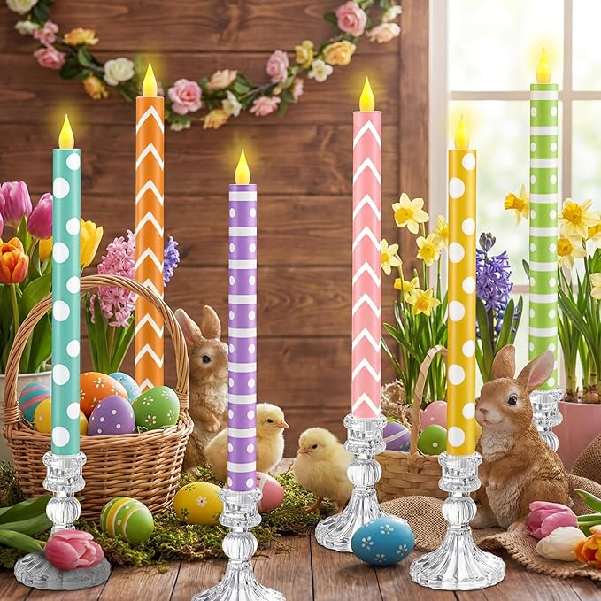 Honoson 6 Pcs Mother's Day Flameless Taper Candles 10.6 Inch Colorful Geometric Candles Battery Operated LED Candlesticks for Summer Dinner Table Home Party Decor