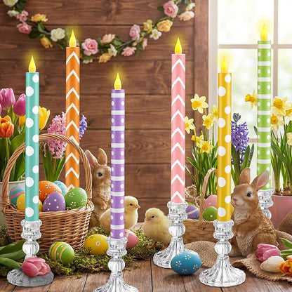 Honoson 6 Pcs Mother's Day Flameless Taper Candles 10.6 Inch Colorful Geometric Candles Battery Operated LED Candlesticks for Summer Dinner Table Home Party Decor