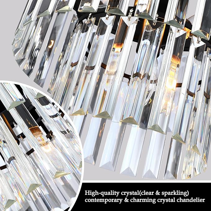 MEXO Crystal Chandelier Lighting Fixture Black Finish, 2-Tier Crystal Hanging Chandelier Lights for Living Room Bedroom Dinning Room Hallway