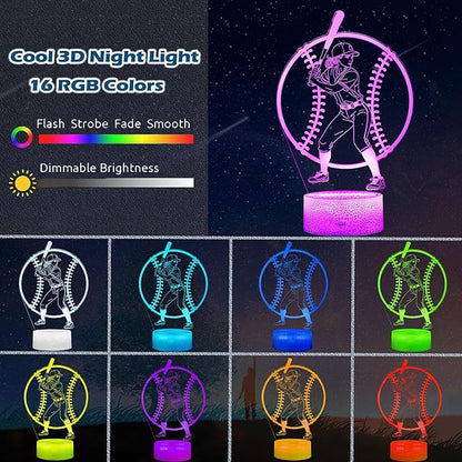 Baseball Gifts for Girls, Baseball Night Light, 3D Illusion Lamp with 16 Colors Changing, Timer, 4 Flash Modes and Dimmable, Accessories Stuff for Room Decoration, Kids Girls Holiday Xmas Gifts