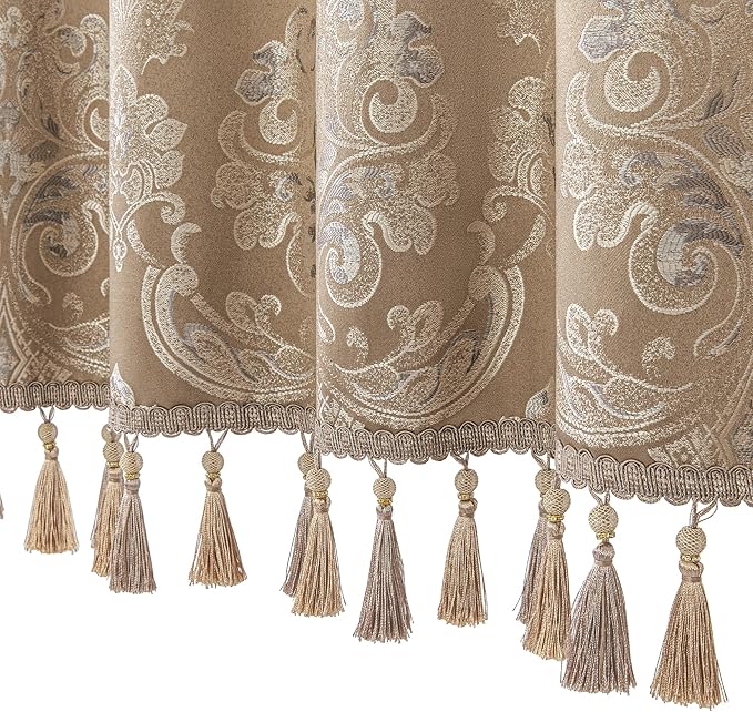 Loom and Mill Luxury Valances for Windows, Elegant Damask Thick Window Treatment Curtains Valance with Handmade Tassels for Living Room, Bedroom Party Banquet Decorations (54" x 18", Light Coffee)
