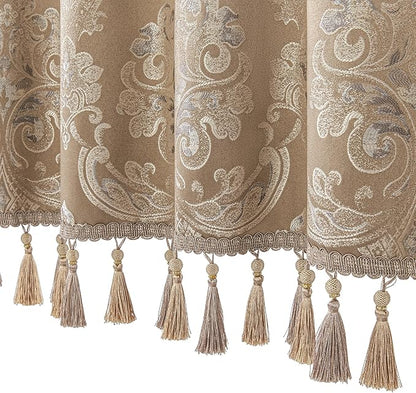 Loom and Mill Luxury Valances for Windows, Elegant Damask Thick Window Treatment Curtains Valance with Handmade Tassels for Living Room, Bedroom Party Banquet Decorations (54" x 18", Light Coffee)
