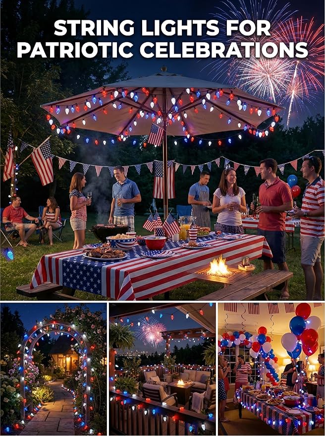 ITICdecor C6 Solar String Lights Outdoor Waterproof, 23FT 50LED Solar Strawberry Lights Decoration for 4th of July, 8 Lighting Mode for Tree Patio Party Decor(Red White&Blue)