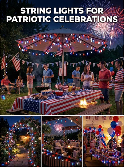 ITICdecor C6 Solar String Lights Outdoor Waterproof, 23FT 50LED Solar Strawberry Lights Decoration for 4th of July, 8 Lighting Mode for Tree Patio Party Decor(Red White&Blue)