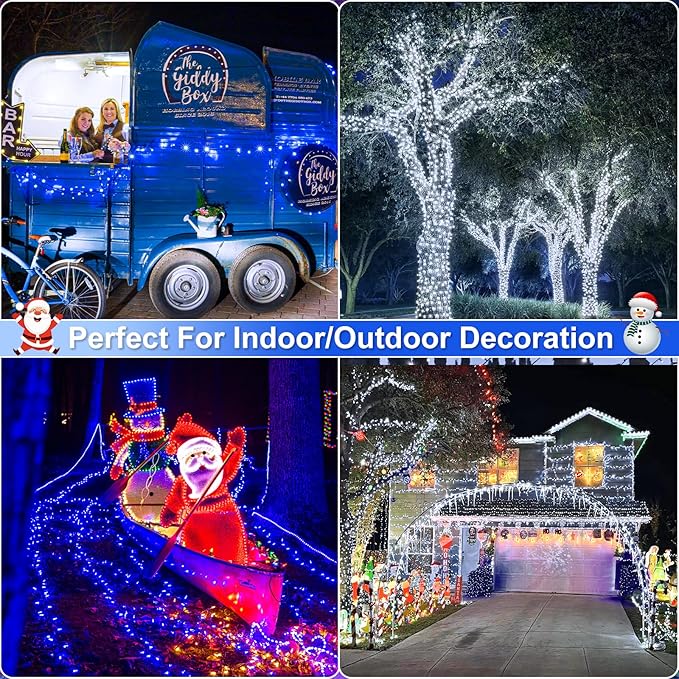 2 Pack Christmas Lights Outdoor, Total 200FT 600 LED String Lights for Outside Waterproof with 8 Modes, Green Wire Twinkle Tree Lights for Indoor Patio Xmas Decorations, 1 Pack Blue & 1 Pack White