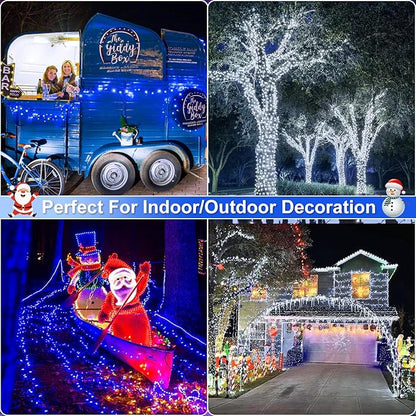 2 Pack Christmas Lights Outdoor, Total 200FT 600 LED String Lights for Outside Waterproof with 8 Modes, Green Wire Twinkle Tree Lights for Indoor Patio Xmas Decorations, 1 Pack Blue & 1 Pack White