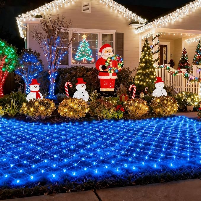 Pooqla Net Lights, 300LED Christmas Outdoor Mesh Light, 14.8x4.9 ft Fairy String Light with 8 Modes Green Wire, Connectable Waterproof for Bushes Tree Garden Christmas Decor, Blue