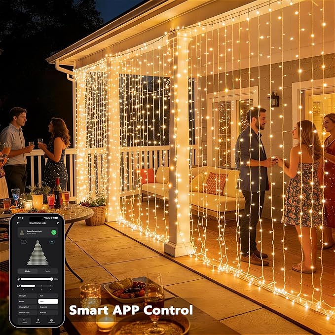 Brizled Smart Curtain Lights, 390 LED 9.8x6.3Ft Curtain Lights Outdoor, App & Voice Control Plug in Music Sync Curtain String Lights for Bedroom Wall Wedding Window Party Backdrop Indoor, Warm White
