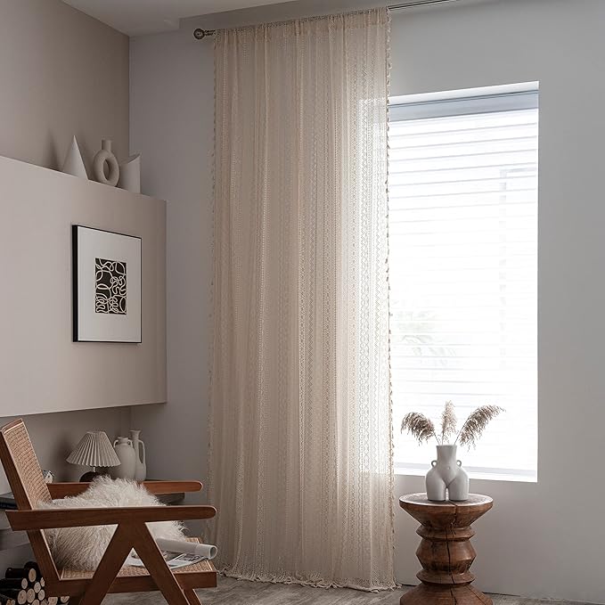 Sutuo Home Crochet Boho Curtain 84 Inches Length, Sheer Lace Handmade Tassels Knitted Window Treatment Vintage Rustic Bohemian Farmhouse Drape for Bedroom Rod Pocket 1 Panel 59" W x 84" L, Beige Wave